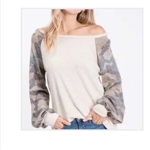 Long Sleeve Waffle Knit Raglan Sleeve Top w/Camo Sleeves | Oatmeal | Large